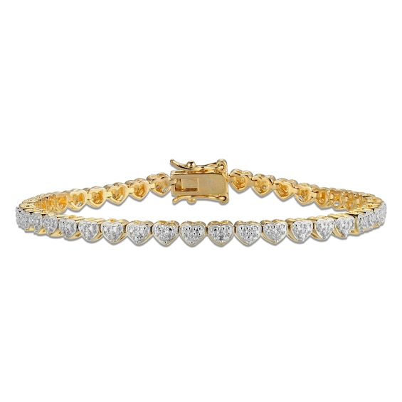 1/10 CT. T.w. Heart-Shaped Multi-Diamond Beaded Tennis-Style Bracelet in Sterling Silver with 18K Gold Plate - 7.25"