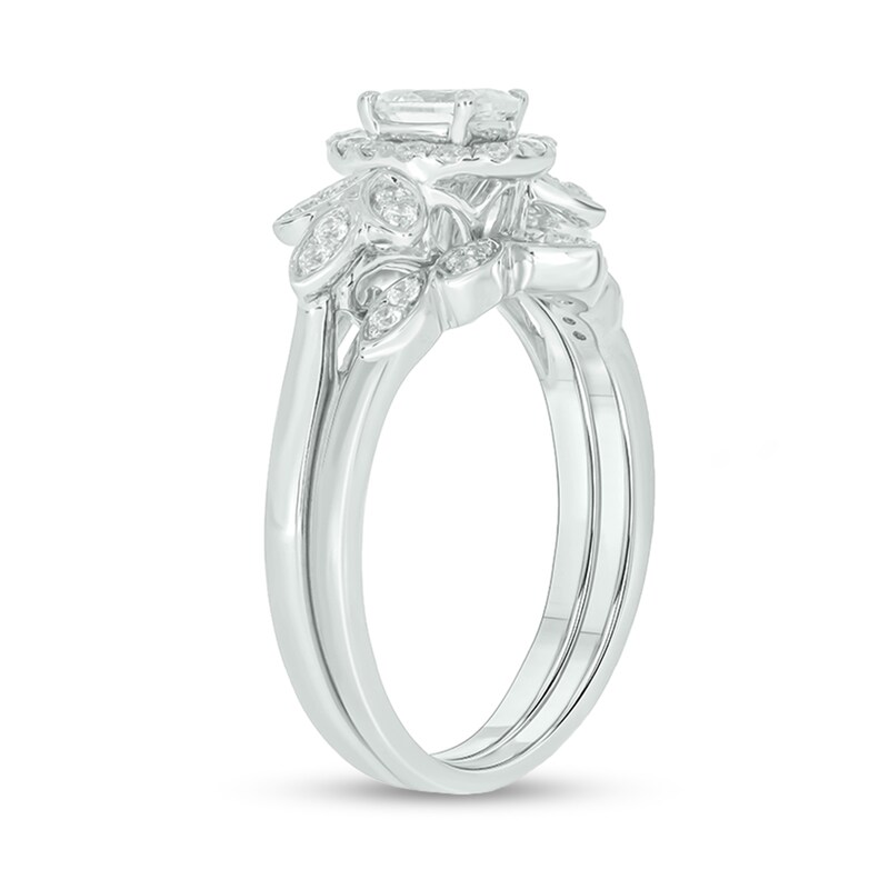 Main Image 2 of 3/4 CT. T.W. Oval Diamond Frame Tri-Sides Leaf Bridal Set in 14K White Gold (I/I2)