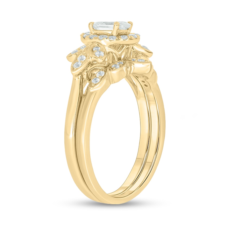 Main Image 2 of 3/4 CT. T.W. Oval Diamond Frame Tri-Sides Leaf Bridal Set in 14K Gold (I/I2)