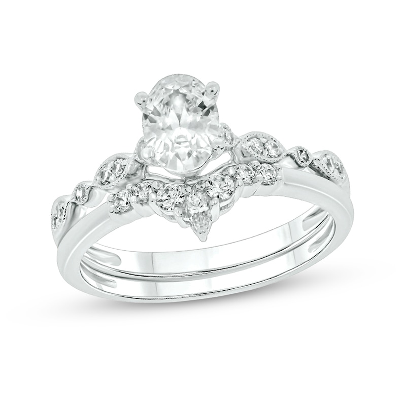 Main Image 1 of 3/4 CT. T.W. Oval Diamond Contour Vintage-Style Bridal Set in 14K White Gold (I/I2)