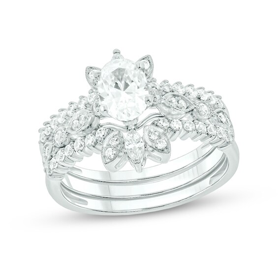 1 CT. T.w. Oval Diamond Vintage-Style Three Piece Bridal Set in 14K White Gold (I/I2)