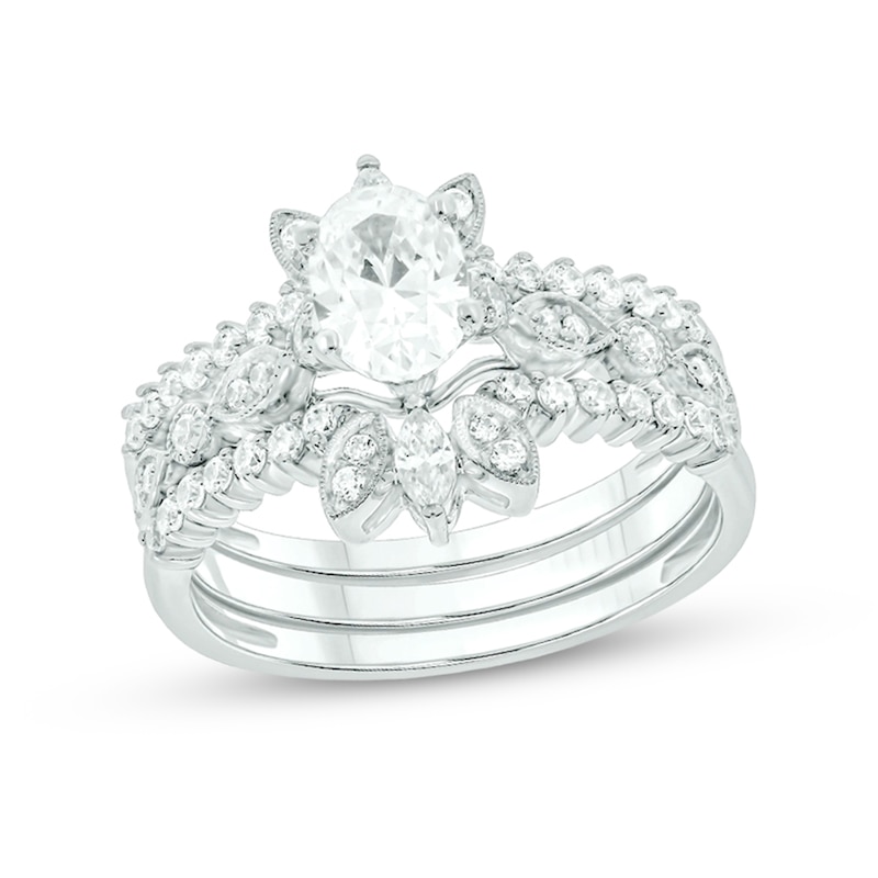Main Image 1 of 1 CT. T.W. Oval Diamond Vintage-Style Three Piece Bridal Set in 14K White Gold (I/I2)