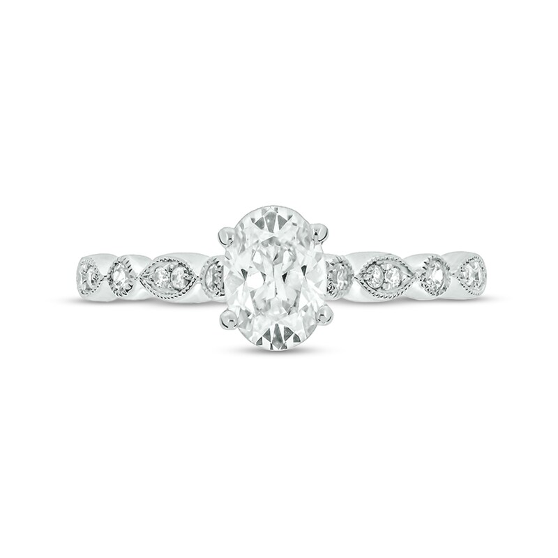 Main Image 4 of 1 CT. T.W. Oval Diamond Vintage-Style Three Piece Bridal Set in 14K White Gold (I/I2)