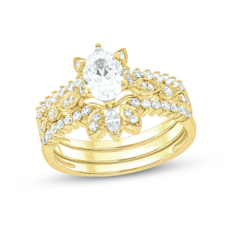 1 CT. T.W. Oval Diamond Vintage-Style Three Piece Bridal Set in 14K Gold (I/I2)