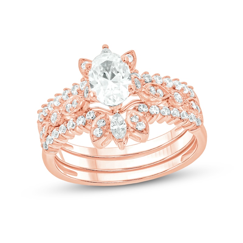 1 CT. T.W. Oval Diamond Vintage-Style Three Piece Bridal Set in 14K Rose Gold (I/I2)