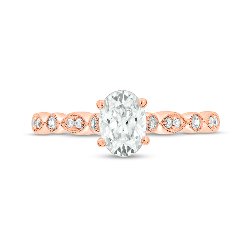 Main Image 4 of 1 CT. T.W. Oval Diamond Vintage-Style Three Piece Bridal Set in 14K Rose Gold (I/I2)