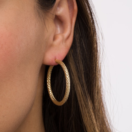 30.0mm Diamond-Cut Tube Hoop Earrings in 10K Gold