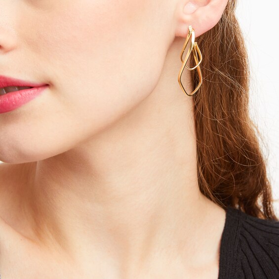 Swirling Layered Double Pendulum Hoop Earrings in 10K Gold