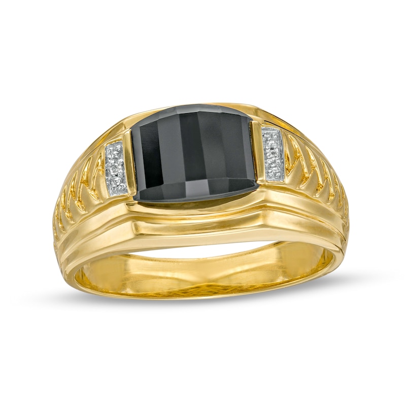Main Image 1 of Barrel-Cut Black Onyx and Diamond Accent Collar Stepped Edge Woven Shank Comfort-Fit Ring in 10K Gold