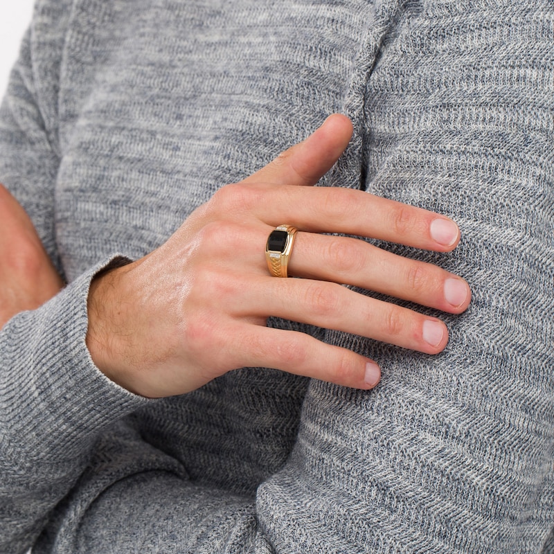 Main Image 2 of Barrel-Cut Black Onyx and Diamond Accent Collar Stepped Edge Woven Shank Comfort-Fit Ring in 10K Gold