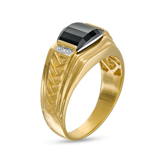 Barrel-Cut Black Onyx and Diamond Accent Collar Stepped Edge Woven Shank Comfort-Fit Ring in 10K Gold