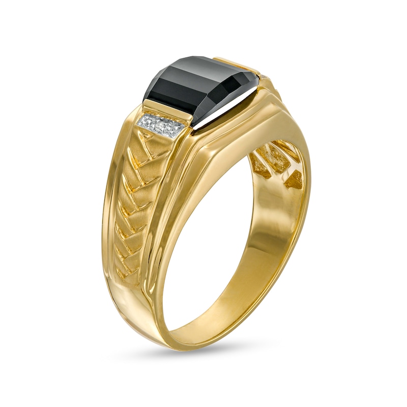 Main Image 3 of Barrel-Cut Black Onyx and Diamond Accent Collar Stepped Edge Woven Shank Comfort-Fit Ring in 10K Gold