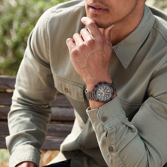 Men's Citizen Eco-DriveÂ® Promaster Navihawk Gunmetal Grey IP Chronograph Watch with Green Dial (Model: At8227-56X)