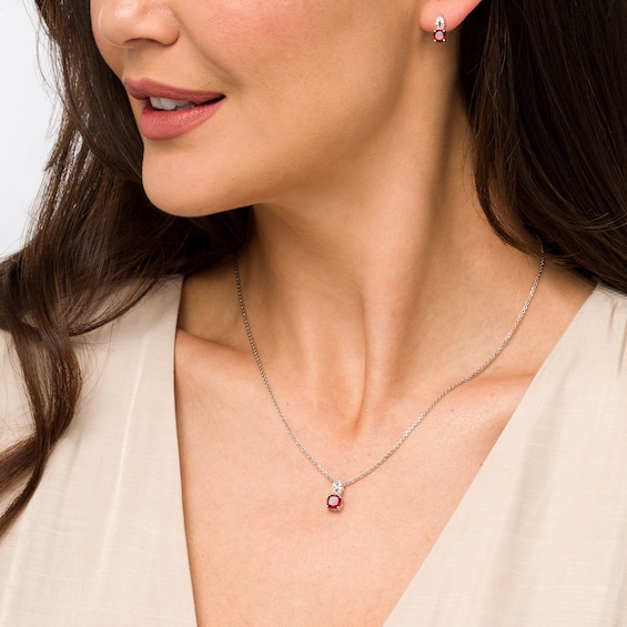 Cushion-Cut Garnet and White Lab-Created Sapphire Open Flame-Top Pendant and Stud Earrings Set in Sterling Silver