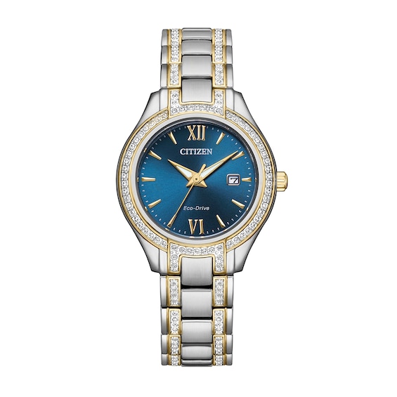 Ladies' Citizen Eco-DriveÂ® Silhouette Crystal Accent Two-Tone Watch with Blue Dial (Model: Fe1234-50L)
