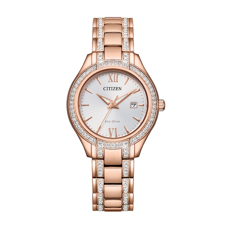 Ladies' Citizen Eco-Drive® Silhouette Crystal Accent Rose-Tone Watch with Silver-Tone Dial (Model: FE1233-52A)