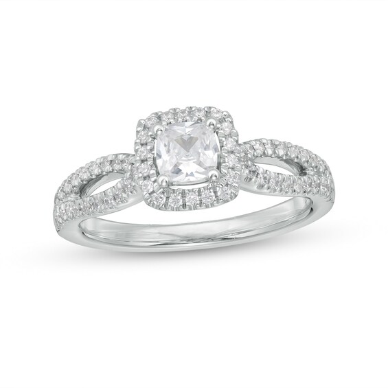 Celebration Ideal 3/4 CT. T.w. Certified Cushion-Cut Diamond Frame Split Shank Engagement Ring in 14K White Gold (I/I1)