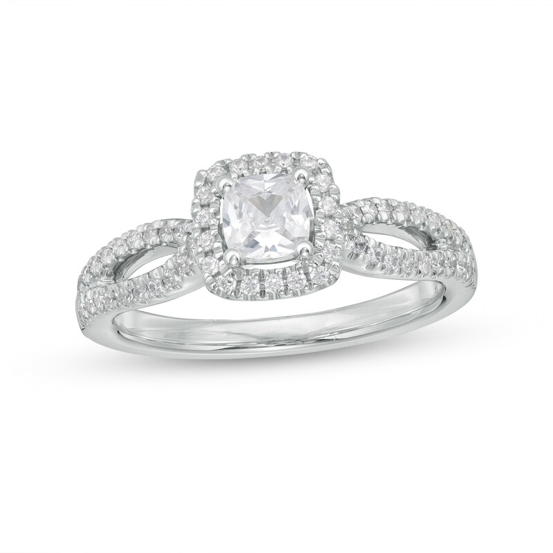 Main Image 1 of Celebration Ideal 3/4 CT. T.W. Certified Cushion-Cut Diamond Frame Split Shank Engagement Ring in 14K White Gold (I/I1)