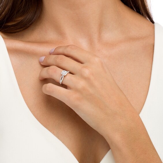 Celebration Ideal 3/4 CT. T.w. Certified Cushion-Cut Diamond Frame Split Shank Engagement Ring in 14K White Gold (I/I1)