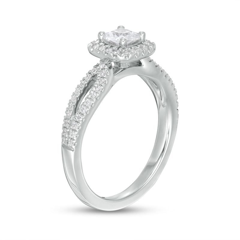 Main Image 3 of Celebration Ideal 3/4 CT. T.W. Certified Cushion-Cut Diamond Frame Split Shank Engagement Ring in 14K White Gold (I/I1)