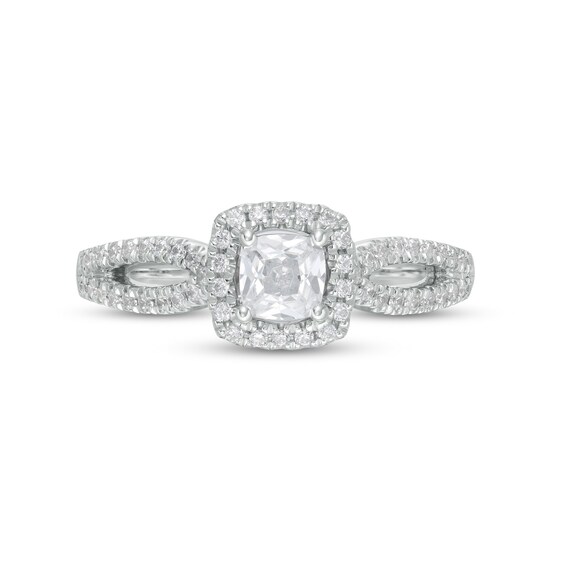 Celebration Ideal 3/4 CT. T.w. Certified Cushion-Cut Diamond Frame Split Shank Engagement Ring in 14K White Gold (I/I1)