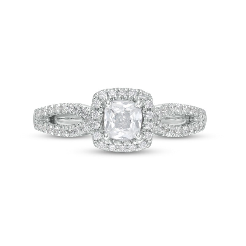 Main Image 4 of Celebration Ideal 3/4 CT. T.W. Certified Cushion-Cut Diamond Frame Split Shank Engagement Ring in 14K White Gold (I/I1)