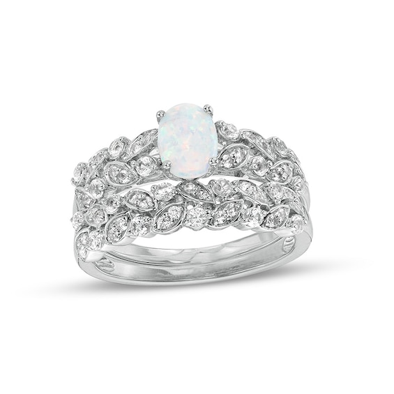 Oval Lab-Created Opal and White Lab-Created Sapphire Double Row Leaf Shank Bridal Set in Sterling Silver