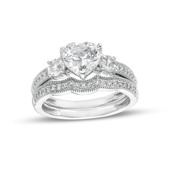 7.0mm Heart-Shaped White Lab-Created Sapphire Three Stone Vintage-Style Bridal Set in Sterling Silver