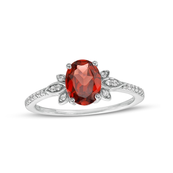 Oval Garnet and 1/10 CT. T.w. Diamond Leaf-Sides Floral Ring in 10K White Gold