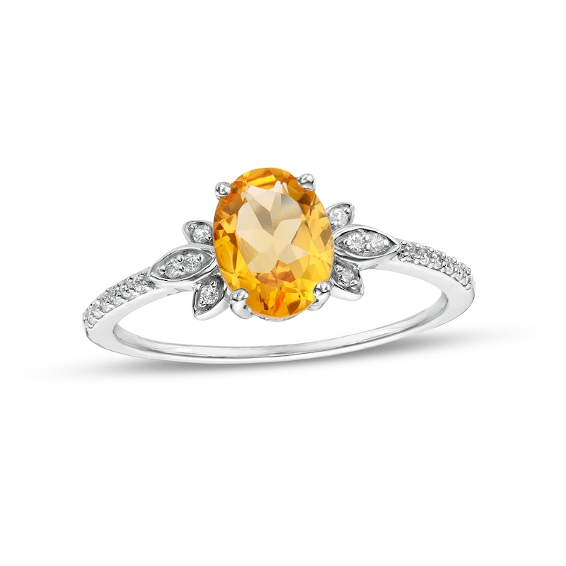 Oval Citrine and 1/10 CT. T.W. Diamond Leaf-Sides Floral Ring in 10K White Gold