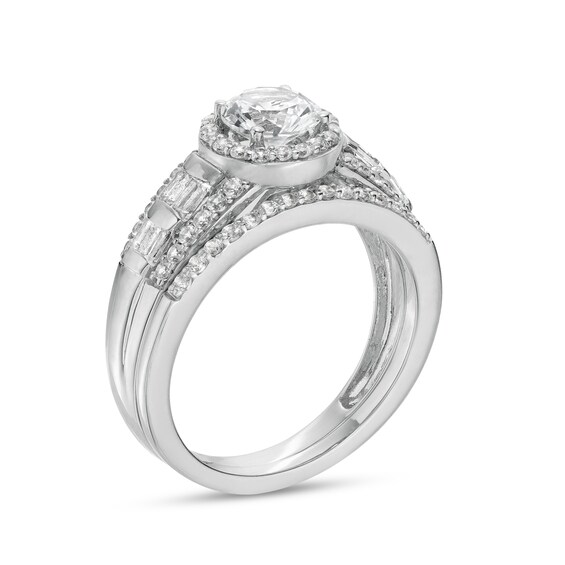 6.0mm White Lab-Created Sapphire Frame Multi-Row Bridal Set in Sterling Silver