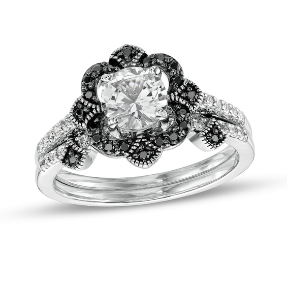 White Lab-Created Sapphire and 1/5 CT. T.w. Black Enhanced Diamond Compass Frame Tiara Bridal Set in Sterling Silver