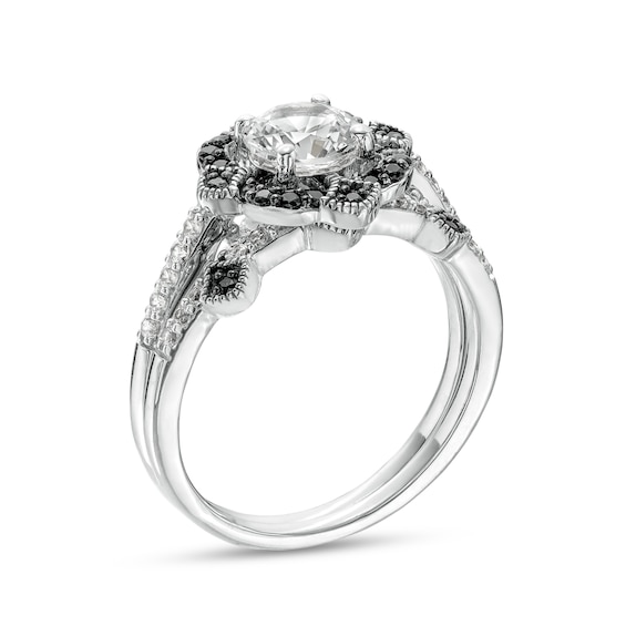 White Lab-Created Sapphire and 1/5 CT. T.w. Black Enhanced Diamond Compass Frame Tiara Bridal Set in Sterling Silver