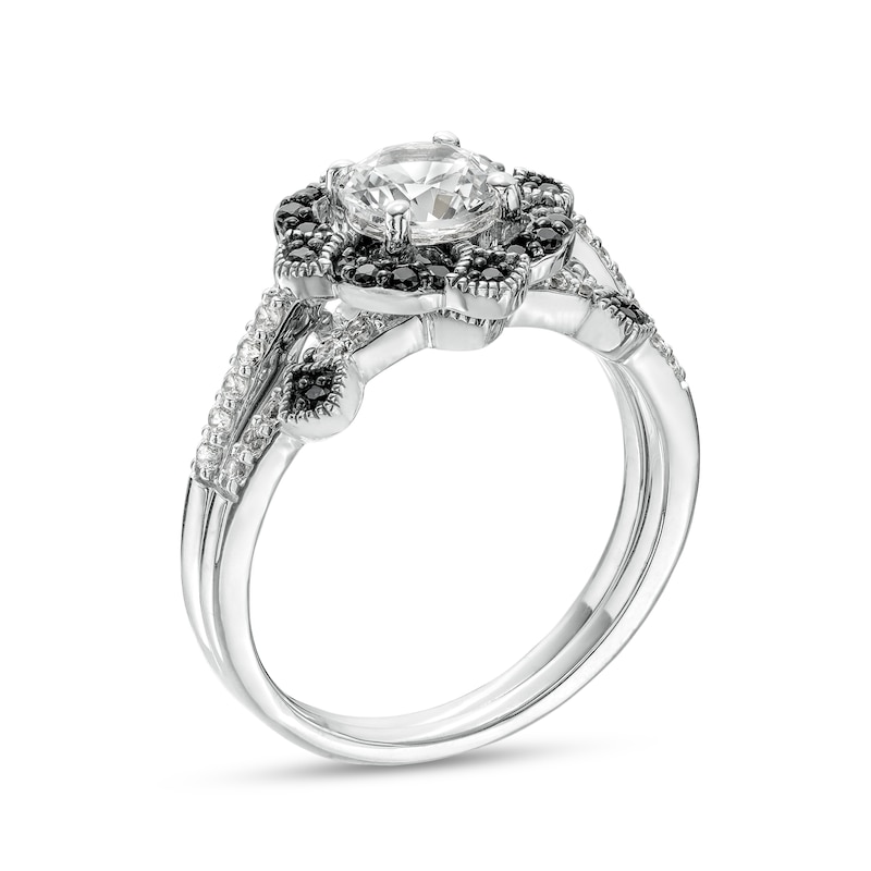 White Lab-Created Sapphire and 1/5 CT. T.W. Black Enhanced Diamond Compass Frame Tiara Bridal Set in Sterling Silver