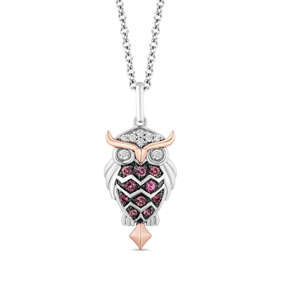Enchanted Disney Aurora Pink Tourmaline and 1/15 CT. T.w. Diamond Owl Pendant in Sterling Silver and 10K Rose Gold