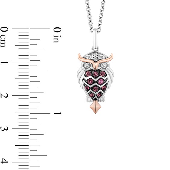 Enchanted Disney Aurora Pink Tourmaline and 1/15 CT. T.w. Diamond Owl Pendant in Sterling Silver and 10K Rose Gold