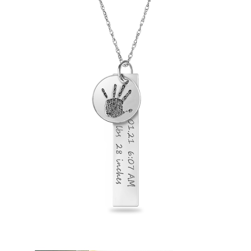 Birth Stats with Print Disc Charm Vertical Bar Pendant in Sterling Silver (1 Image and 5 Lines)