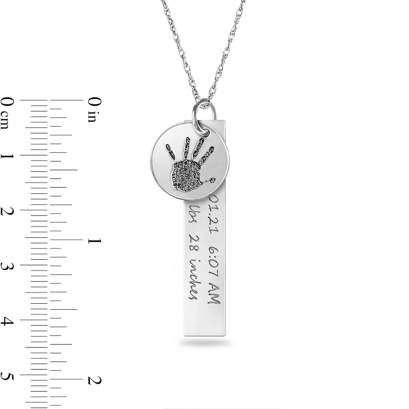 Birth Stats with Print Disc Charm Vertical Bar Pendant in Sterling Silver (1 Image and 5 Lines)