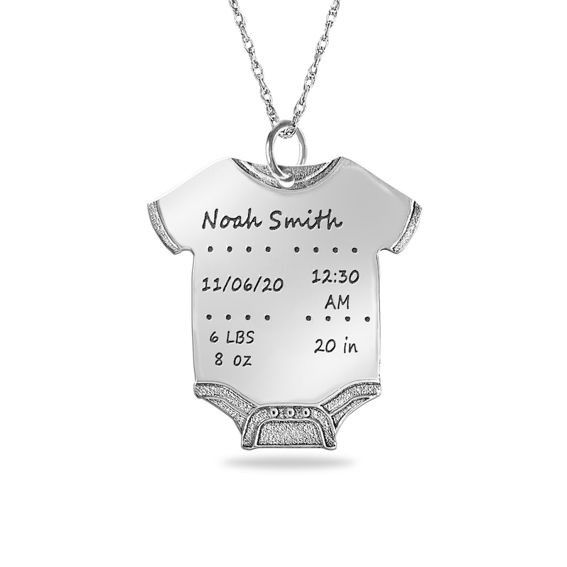 Engravable Birth Stats Baby Onesie Pendant in Sterling Silver (5-8 Lines)