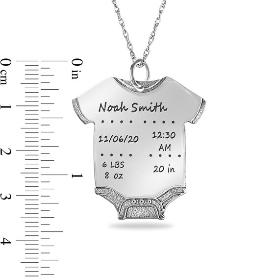 Engravable Birth Stats Baby Onesie Pendant in Sterling Silver (5-8 Lines)