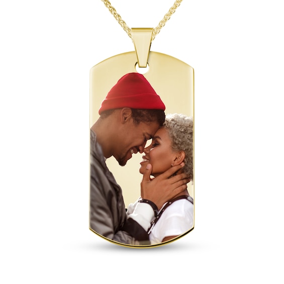 Men's Extra Large Engravable Photo Dog Tag Pendant in 10K White or Yellow Gold (1 Image and 4 Lines)