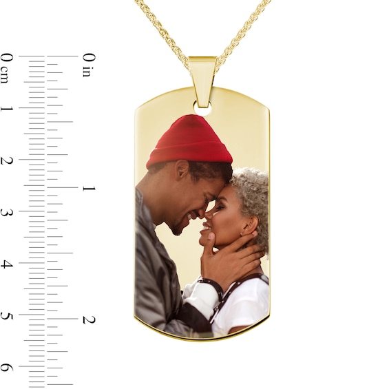 Men's Extra Large Engravable Photo Dog Tag Pendant in 10K White or Yellow Gold (1 Image and 4 Lines)