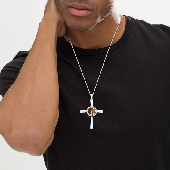 Men's 5/8 CT. T.w. Diamond Engravable Photo Cross Pendant in 10K Gold (1 Image and Line)