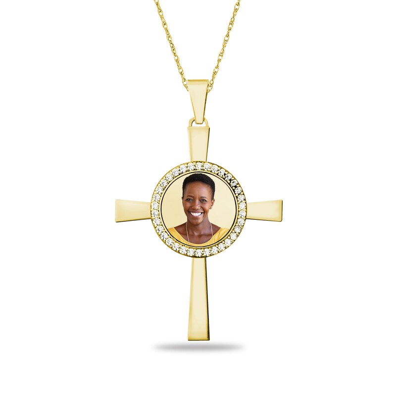 Main Image 1 of 5/8 CT. T.W. Diamond Engravable Photo Cross Pendant in 10K Gold (1 Image and Line)