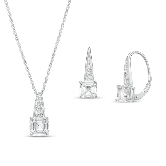 Asscher-Cut White Lab-Created Sapphire Graduated Drop Pendant and Earrings Set in Sterling Silver