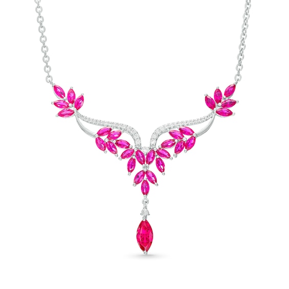 Marquise Lab-Created Ruby and White Lab-Created Sapphire Floral "Y" Necklace in Sterling Silver