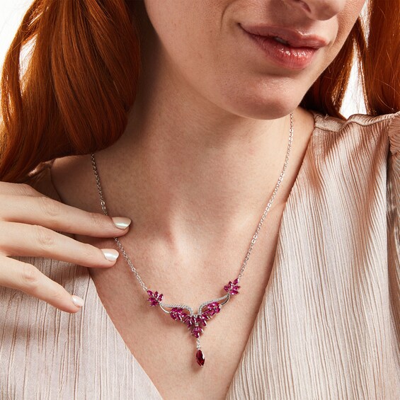 Marquise Lab-Created Ruby and White Lab-Created Sapphire Floral "Y" Necklace in Sterling Silver