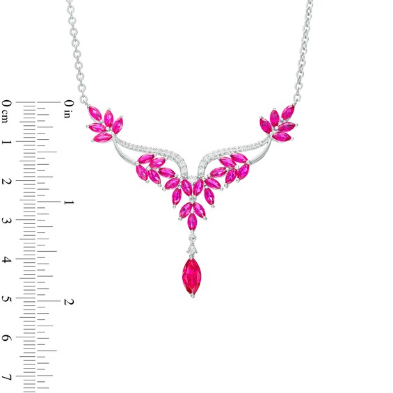 Marquise Lab-Created Ruby and White Lab-Created Sapphire Floral "Y" Necklace in Sterling Silver