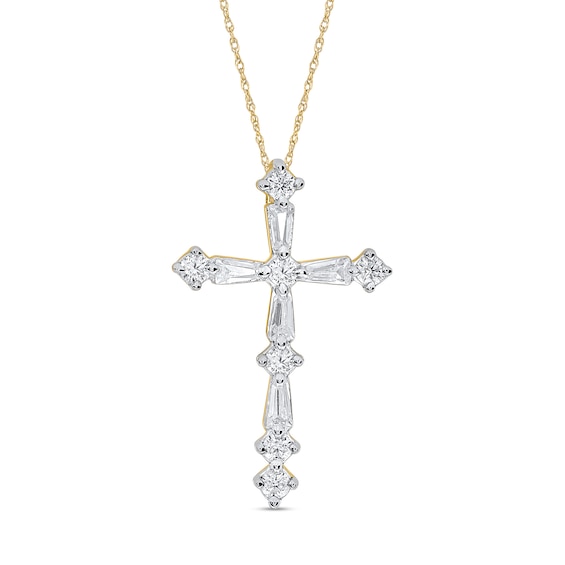 1/4 CT. T.w. Baguette and Round Diamond Cross Pendant in Sterling Silver with 14K Gold Plate