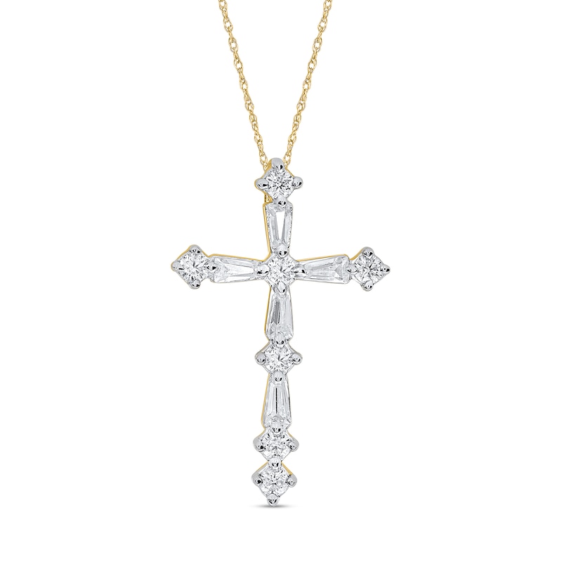 Main Image 1 of 1/4 CT. T.W. Baguette and Round Diamond Cross Pendant in Sterling Silver with 14K Gold Plate